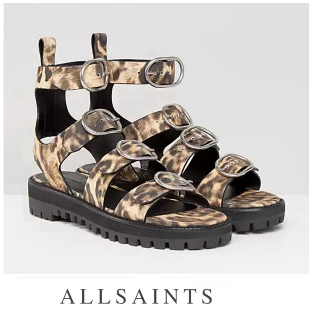 ALLSAINTS Raquel Gladiator Leopard Print Leather Strap Buckle Open Sandal Sz 40
